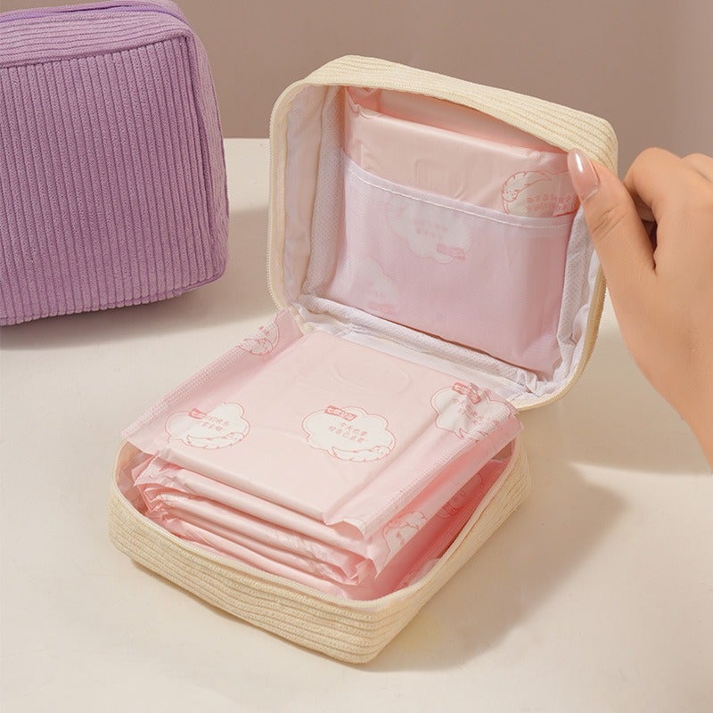 Sanitary Napkin Cosmetics Bag, Girl'S Aunt'S Napkin Portable Bag, Corduroy Multi-Functional Cosmetics Bag, Large-Capacity Sanitary Napkin Bag - Image 4